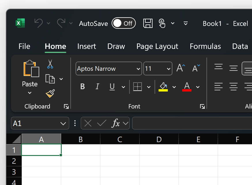 لقطة شاشة لأعلى يسار Excel في النسق الأسود.