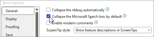 يعرض مربع الحوار خيارات الملف > الخيار طي مربع البحث في Microsoft بشكل افتراضي.