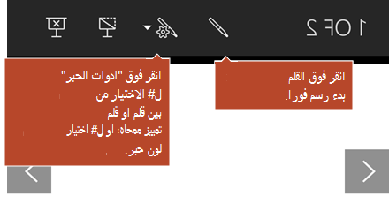 أدوات الحبر المتوفرة في طريقة عرض الشرائح.