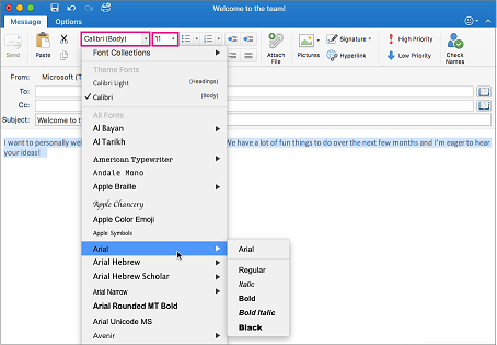 منتقيات الخط وحجم الخط في Outlook for Mac