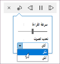 عناصر تحكم القراءة بصوت عال مع شريط تمرير سرعة القراءة وقائمة تحديد الصوت.