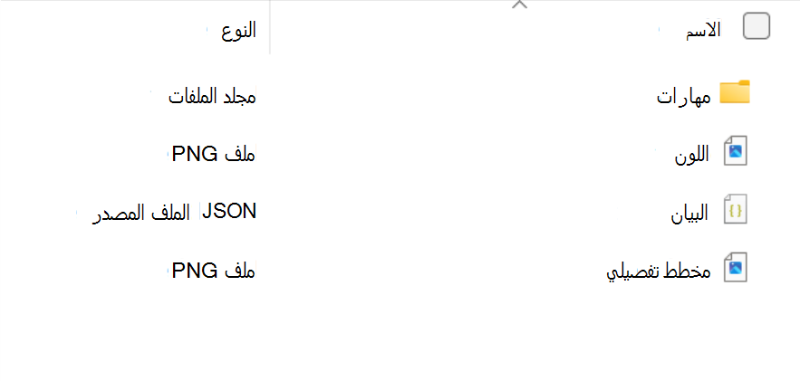 لقطة شاشة تعرض محتويات مجلد حزمة المهارات: مجلد مهارات وملفات color.png وملفات manifest.json وoutline.png.