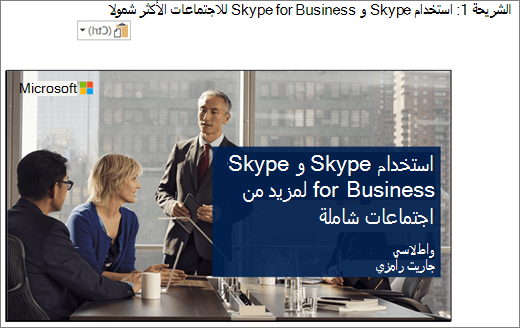 لقطة شاشة لمستند Word الجديد الذي يعرض الشريحة 1 مع عنوان الشريحة، وتحتوي الشريحة المعروضة في الصورة على عنوان الشريحة وأسماء مقدمي العرض وصورة خلفية للأعمال حول جدول مؤتمرات.