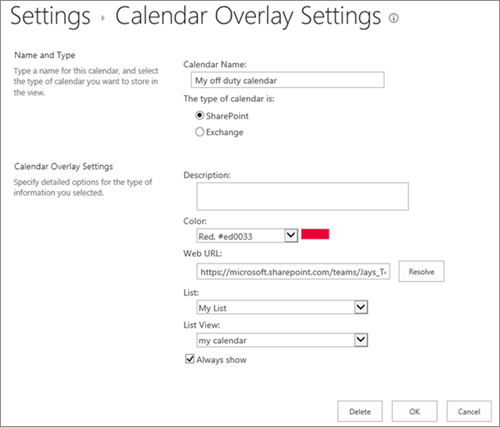 مربع حوار إعدادات تراكب تقويم SharePoint لتكوين القائمة وطريقة العرض وخيارات 
