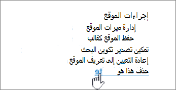 قائمة إعدادات الموقع مع تمييز حذف هذا الموقع