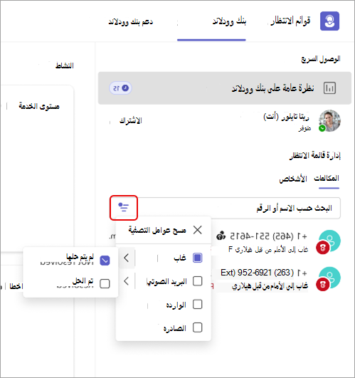 لقطة شاشة تعرض تفاصيل عامل تصفية المكالمات في تطبيق قوائم الانتظار.