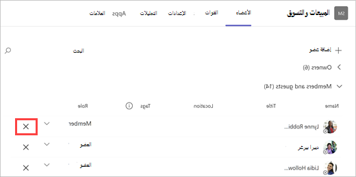 لقطة شاشة لقائمة أعضاء الفريق مع خيارات إضافة عضو وبحث وإزالة. حدد X على يسار اسم أعضاء الفريق لإزالتهم.