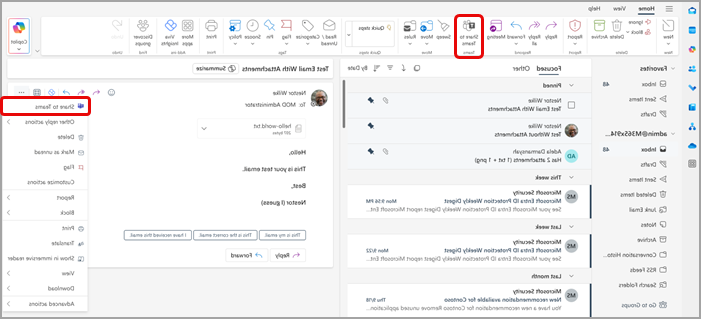 لقطة شاشة تعرض نقطتي إدخال من Outlook لمشاركة بريد إلكتروني إلى Teams.