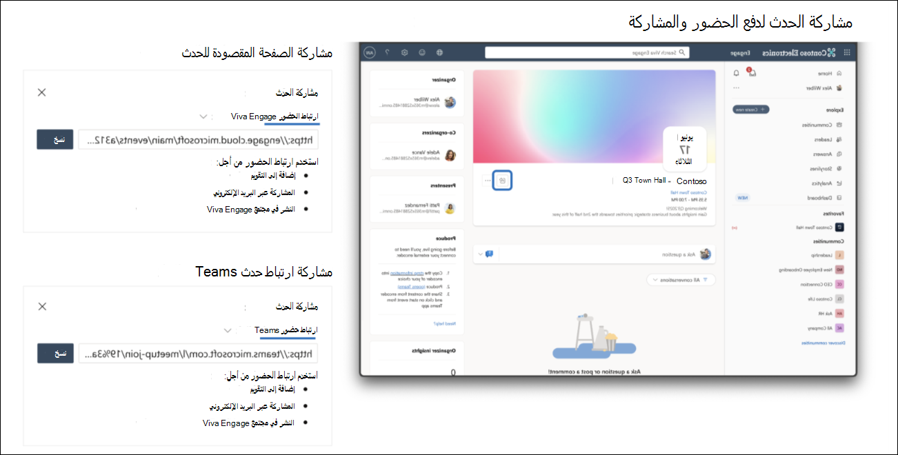 مشاركة ارتباط الحدث أو الصفحة المقصودة للحدث