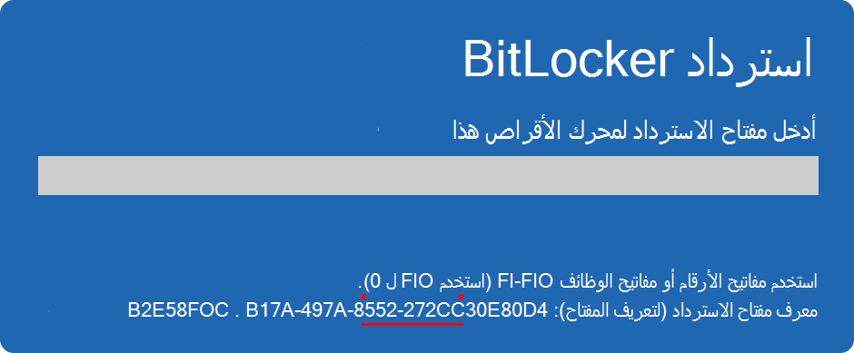 لقطة شاشة لشاشة استرداد BitLocker التي تسلط الضوء على معرف المفتاح.