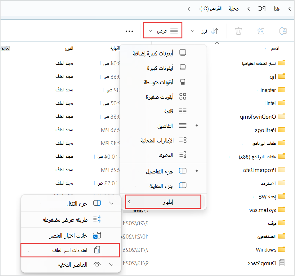 لقطة شاشة تعرض موقع ملحق اسم الملف