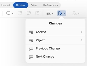 خيارات مراجعة التغييرات في Word for iPad