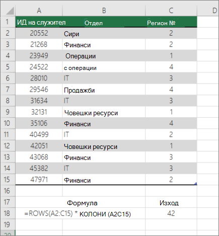 Пример за функцията ROWS and COLUMNS за преброяване на броя на клетките в диапазон