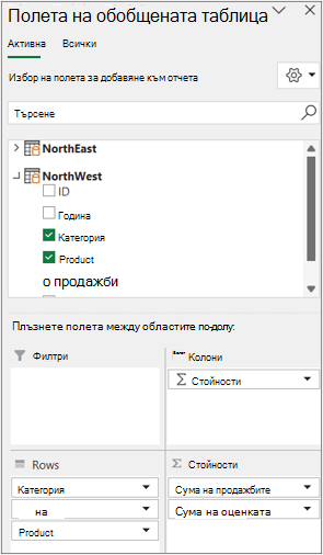 Списъкът с полета за няколко таблици