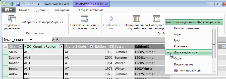 Категории данни в Power Pivot
