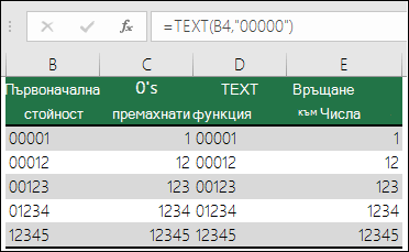 Примери за използване на функцията TEXT за форматиране на водещите нули. =TEXT(A200000)