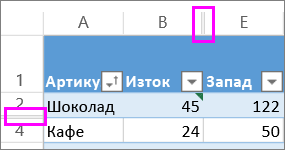 Двойните линии между редовете и колоните указват наличието на скрити редове или колони
