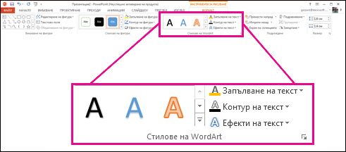 Команди в групата ''Стилове на WordArt'' в лентата