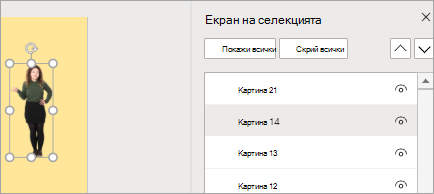 Показва екрана на селекцията