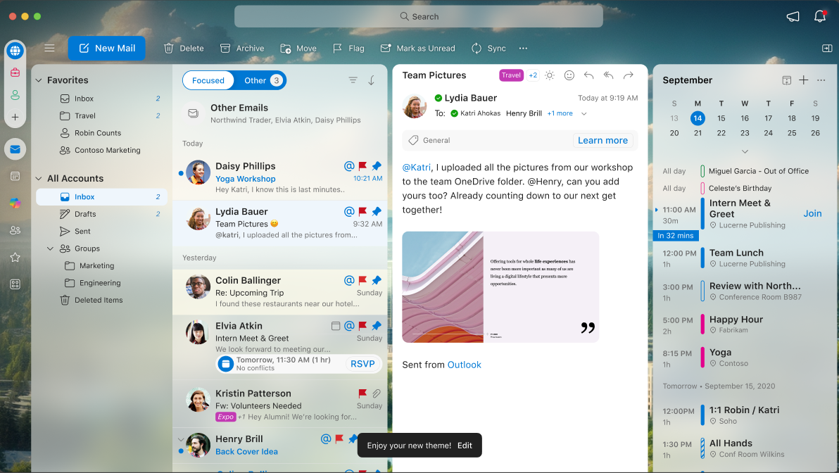 Екран, показващ как изглежда дадена тема, когато е приложена в Outlook for Mac