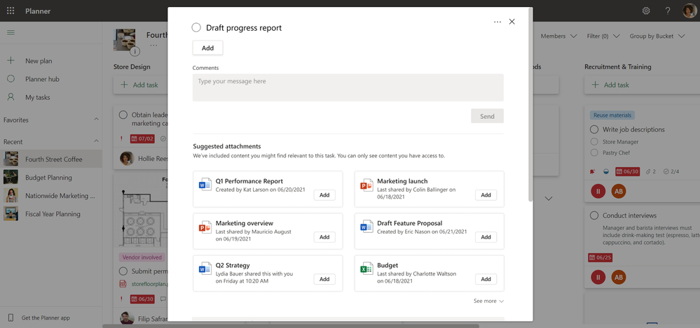 Files in a Planner task that are suggested attachments.