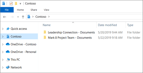 Екранна снимка, показваща папките за синхронизиране за OneDrive и сайтове.
