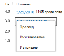 Опции за хронология на версиите (преглед, възстановяване, изтриване)