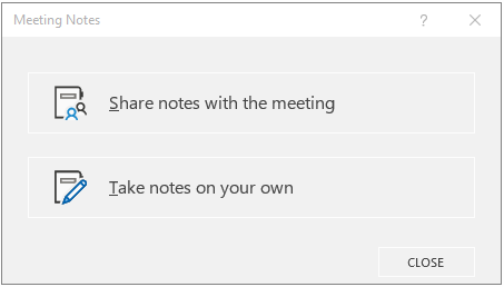 Диалогов прозорец за бележки от събрание на OneNote