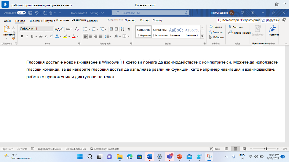 Документ на Word, показващ командата за гласов достъп за вмъкване на текст.