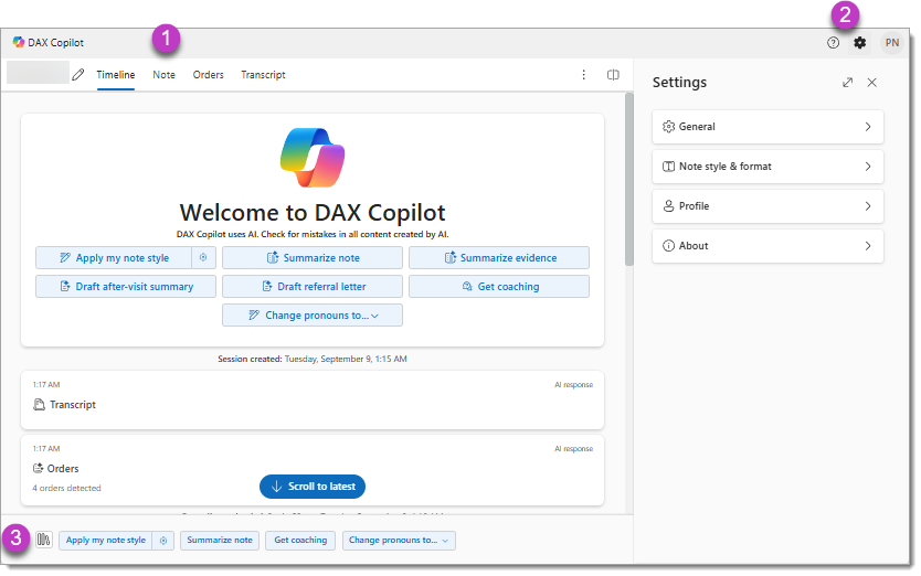 Image of the Timeline tab on the DAX Copilot main screen and the settings side panel to the right.