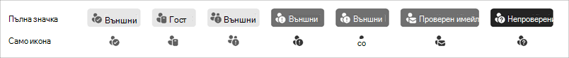Екранна снимка на иконите с индикатор за доверие в Teams.