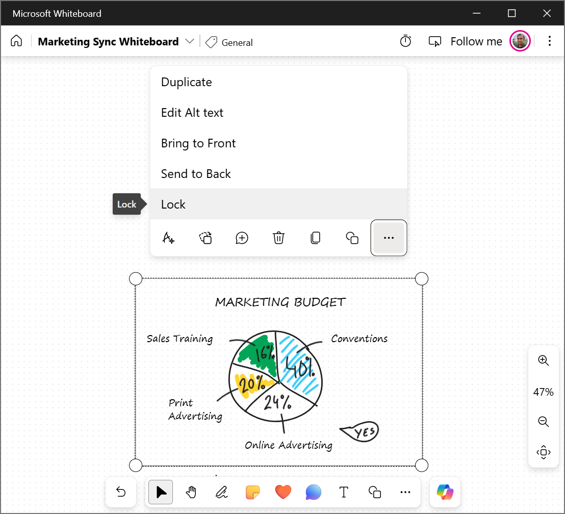 Изображение, показващо как да заключвате обекти на whiteboard