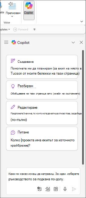 Екранна снимка на панела Copilot в OneNote