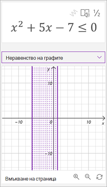 Екранна снимка на математически помощник, генерирана от помощника графика за неравенството x на квадрат плюс 5x – 7, е по-малко или равно на 0. A shaded area between two vertical lines is shown on the graph