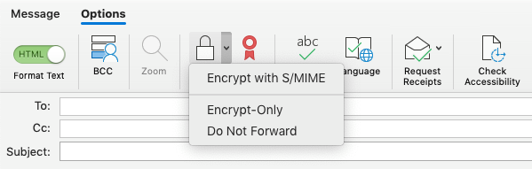 Опция за шифроване с S/MIME
