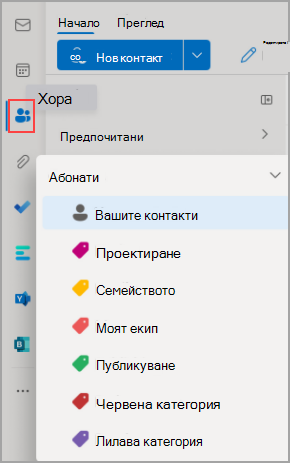 Изображение, показващо началната страница на Outlook с осветена икона People в лявата навигационна лента.
