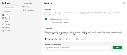 Приоритизиране на настройките в Outlook.