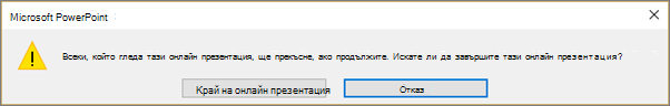 Показва диалоговия прозорец за завършване на онлайн презентация на PowerPoint