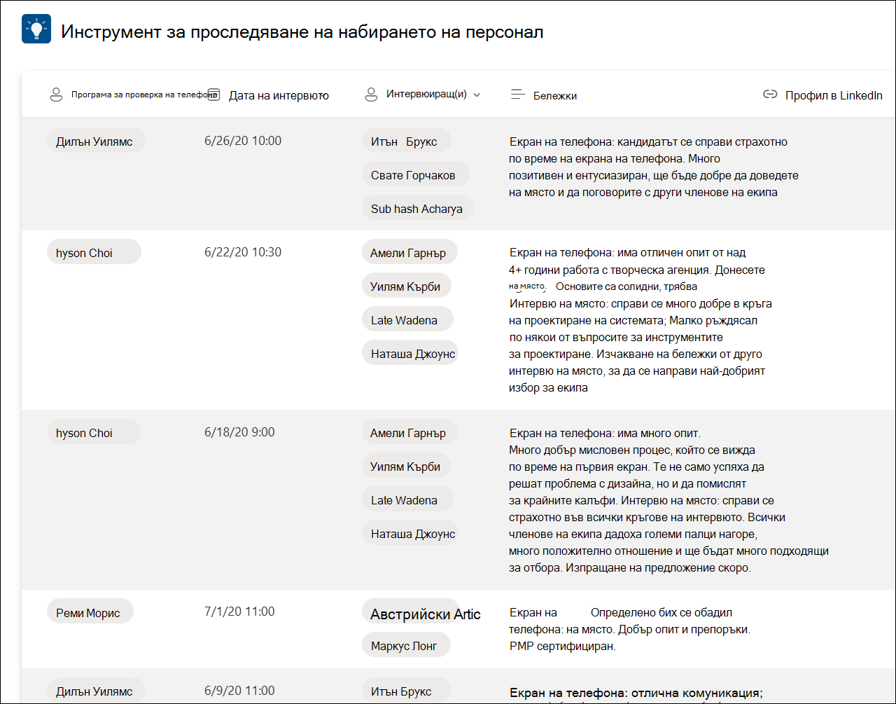екранна снимка на примерен файл за проследяване на набиране на персонал за списък