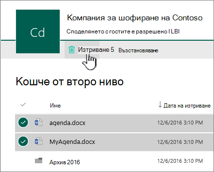 Рециклиране от 2-ро ниво на SharePoint Online с осветен бутон за изтриване