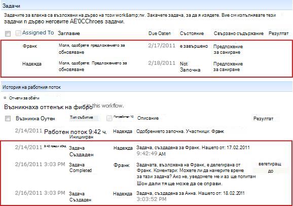 Области ''Задачи'' и ''Хронология'' на страницата ''Състояние на работния поток'' за повторно възложена задача