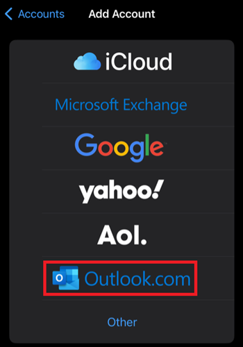 Apple Mail добавяне на Outlook.com към iPhone
