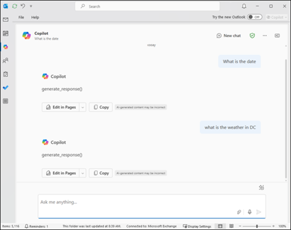 Чат на Copilot не е дезактивиран пример за чат в класическия Outlook