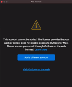 Нова грешка в Outlook for Mac: служебен или учебен акаунт