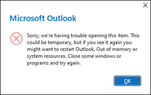 Грешка в Outlook при отваряне на шестдесет имейла