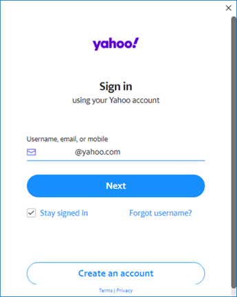 Първи екран за настройка на Yahoo Outlook