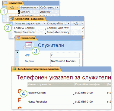Данни от таблици, използвани в заявка, формуляр и отчет