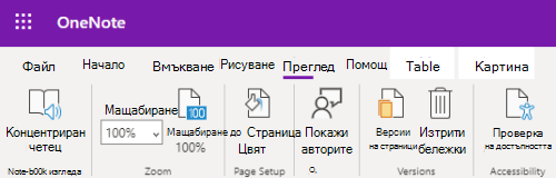 Контролите за мащабиране в приложението OneNote за уеб.