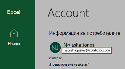 Екранна снимка, показваща потребителски акаунт в Excel.