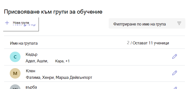 Списъкът с учебни групи, който показва наименуваните групи и броя на учениците във всяка група.